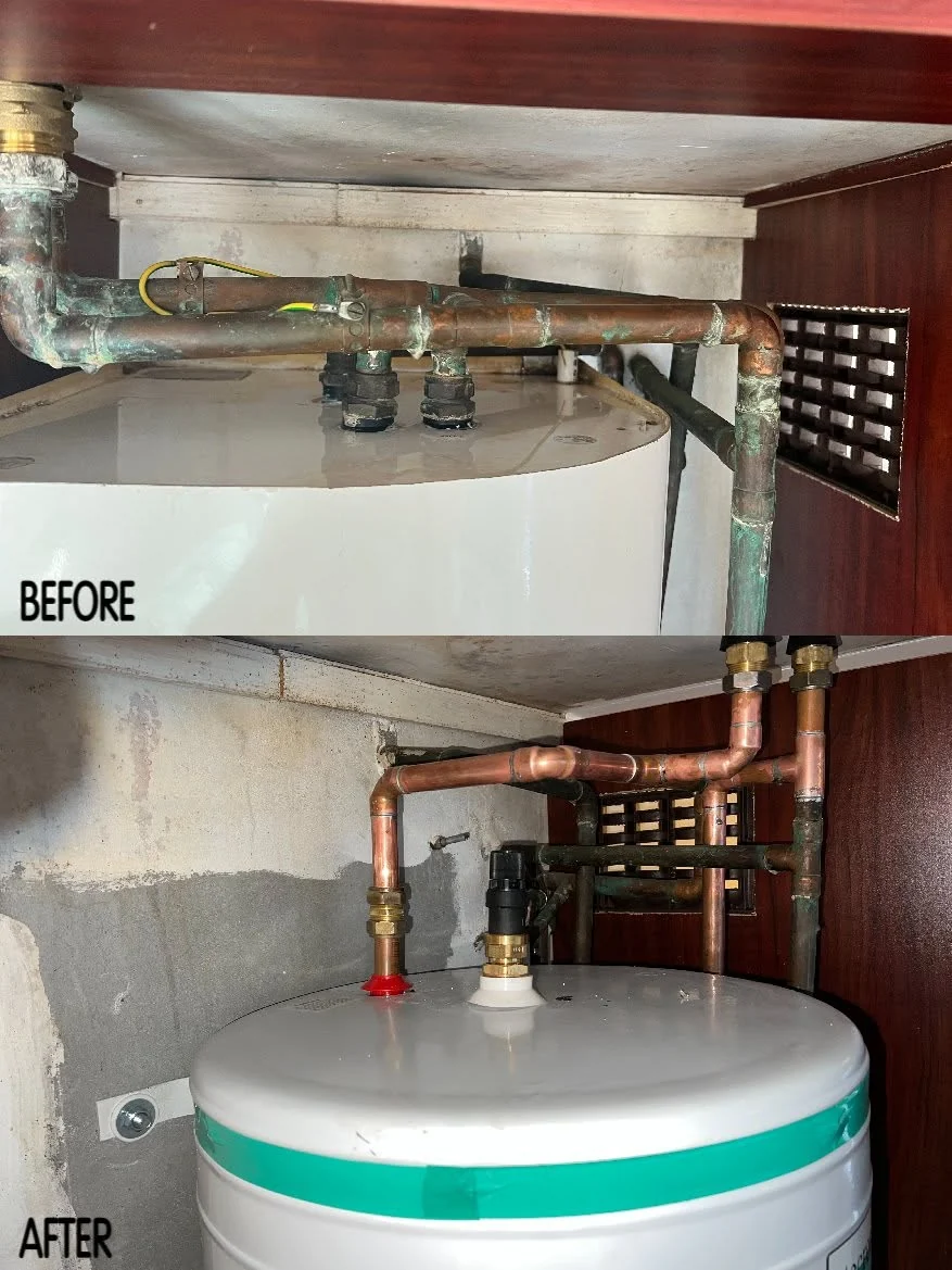 Before and after of a geyser replacement with new copper pipework