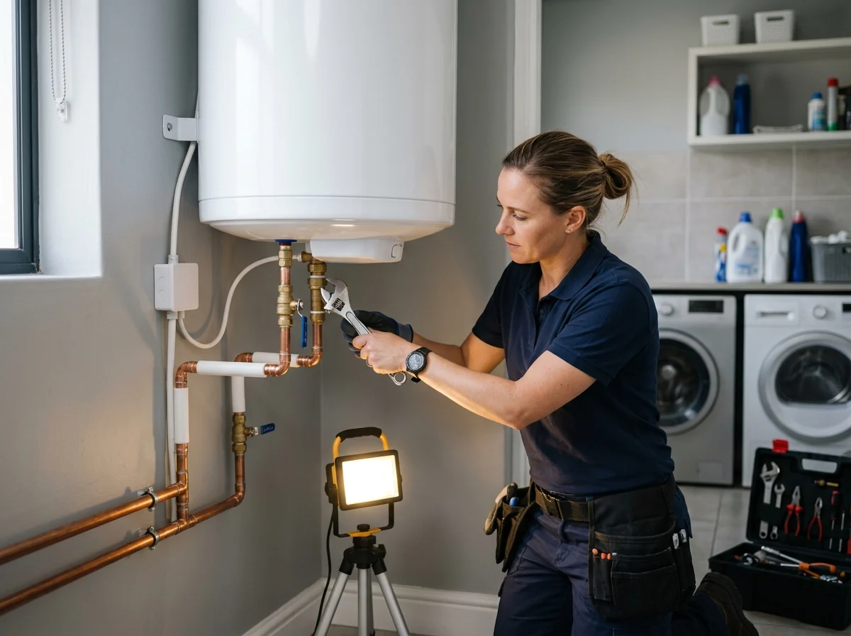 Plumber installing a modern geyser water heater