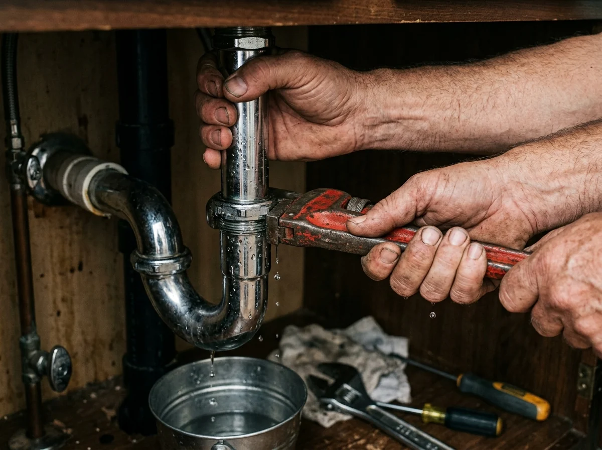 Plumber tightening a leaking pipe joint with a wrench