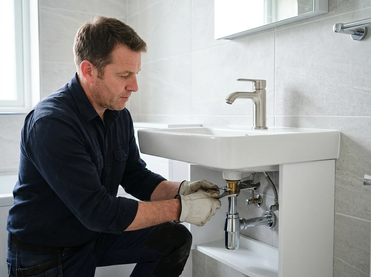 Plumber fitting a chrome mixer tap on a basin